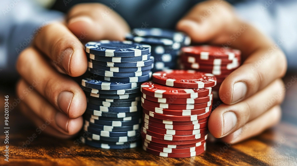 man's hands holding a stack of colorful poker chips, symbolizing risk, luck, gambling, and strategy. The vibrant colors suggest excitement, opportunity, and the thrill of chance man's hands holding a stack of colorful poker chips, symbolizing risk, luck, gambling, and strategy. The vibrant colors suggest excitement, opportunity, and the thrill of chance