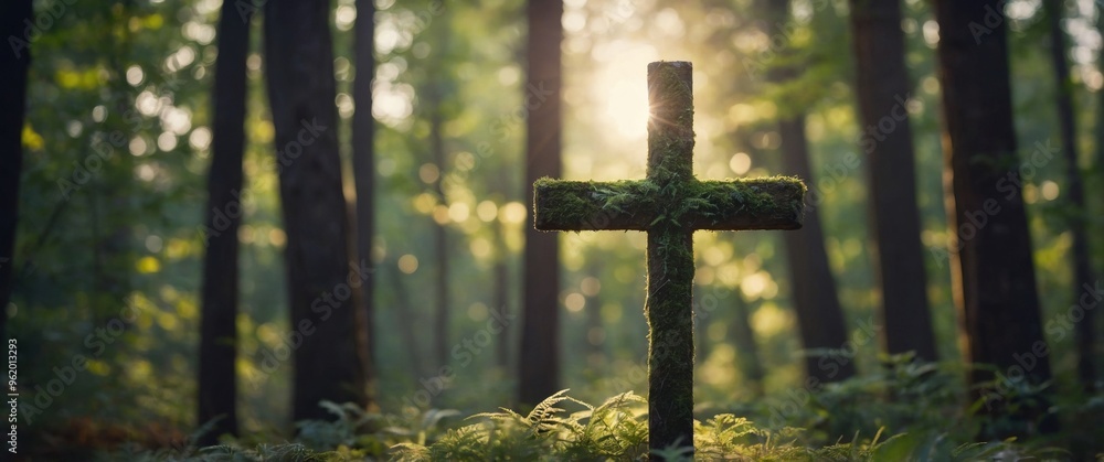 Peaceful Cross in a Serene Forest Clearing with Natural Surroundings and Soft Sunlight. Peaceful Cross in a Serene Forest Clearing with Natural Surroundings and Soft Sunlight.