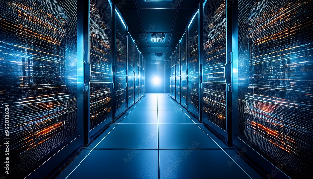 AI-Driven Predictive Maintenance in Data Center with Predictive Analytics Algorithms Monitoring Equipment Health, Futuristic Technology, High-Tech Servers at Night AI-Driven Predictive Maintenance in Data Center with Predictive Analytics Algorithms Monitoring Equipment Health, Futuristic Technology, High-Tech Servers at Night