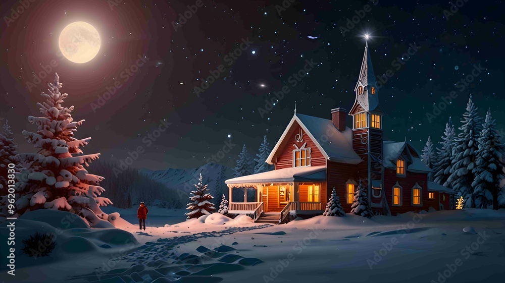 Naklejka premium Cozy snow-covered cabin decorated for Christmas in a winter forest. Generated AI