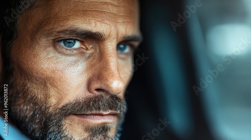 A contemplative close-up shot of a man with blue eyes, gazing intensely into the distance. His thoughtful expression, combined with the sharp focus, evokes deep introspection.