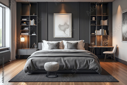 photo of a modern apartment bedroom with designer interior and furniture, luxury interior architecture design idea