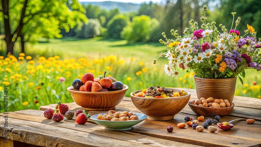 A beautifully set wooden table with a bowl of mixed nuts, fresh fruit slices, and wildflowers in a countryside setting, with gentle spring breezes. A beautifully set wooden table with a bowl of mixed nuts, fresh fruit slices, and wildflowers in a countryside setting, with gentle spring breezes.