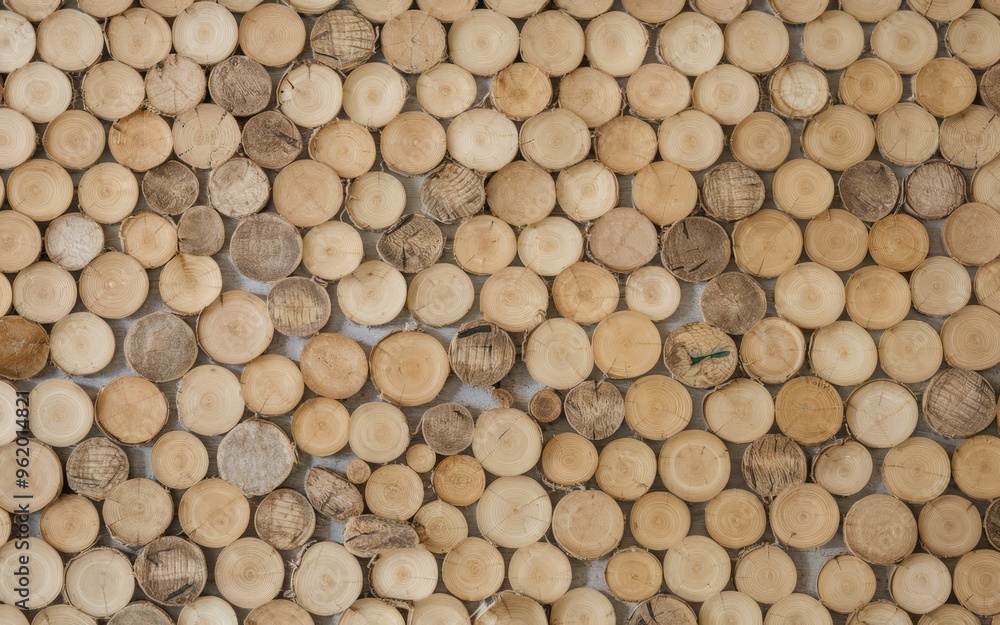 Wooden circle wall. Close-up of a wall made of many small wooden circles, creating a unique and interesting pattern. Perfect for rustic, natural, and minimalist decor. Wooden circle wall. Close-up of a wall made of many small wooden circles, creating a unique and interesting pattern. Perfect for rustic, natural, and minimalist decor.