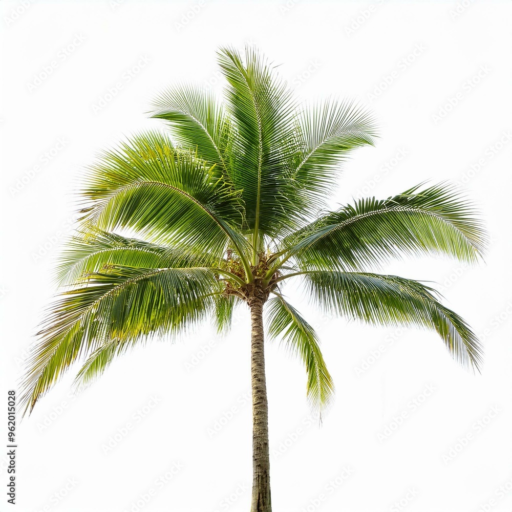 Fototapeta premium Coconut Palm Trees Isolated on White Background - Tropical Nature, Green Palm Fronds, Summer Vacation Concept, Exotic Landscape Elements, Beach Theme Stock Photo
