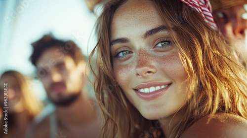 A young, beautiful woman with freckles and a red bandana smiles softly at the camera, surrounded by friends, capturing an outdoor, friendly gathering scene.