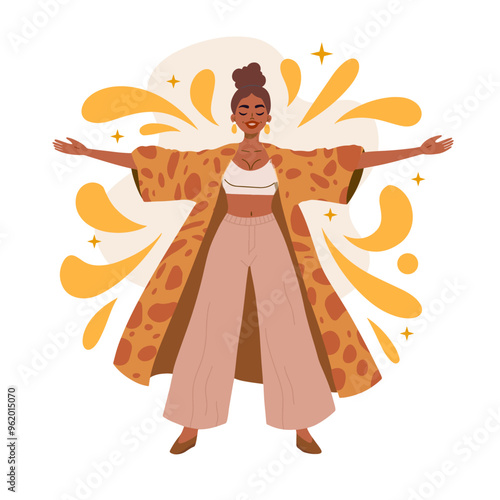 Vector flat illustration of a happy woman expressing joy. The illustration represents positive emotions and happiness, hand-drawn on an isolated background