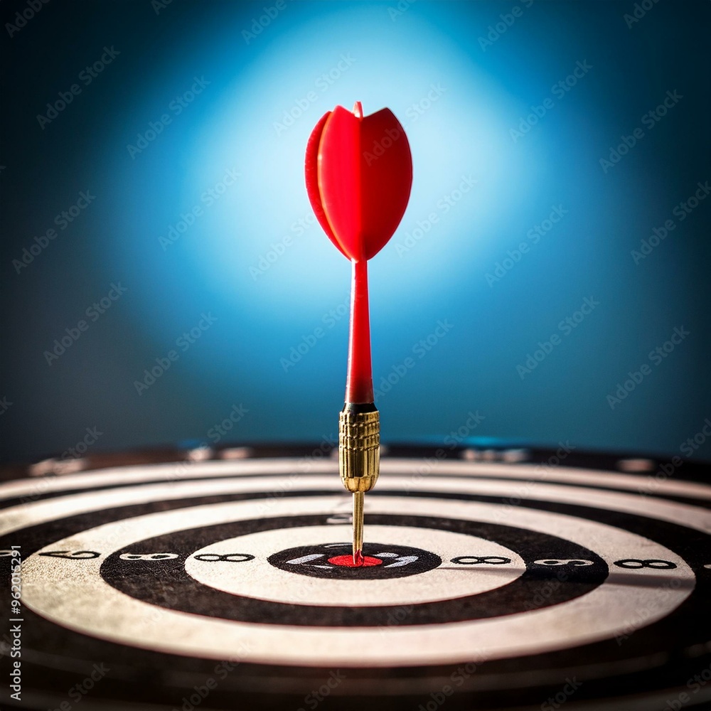 Dart Hitting Bullseye on Dartboard Symbolizing Business Strategy, Profit, and Growth Goals Achievement Concept Dart Hitting Bullseye on Dartboard Symbolizing Business Strategy, Profit, and Growth Goals Achievement Concept