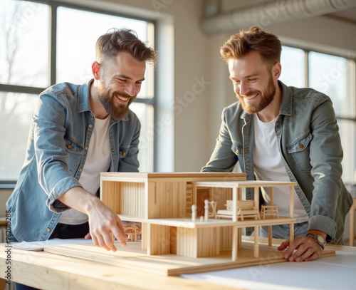 two architects and designers assemble a model of a private house