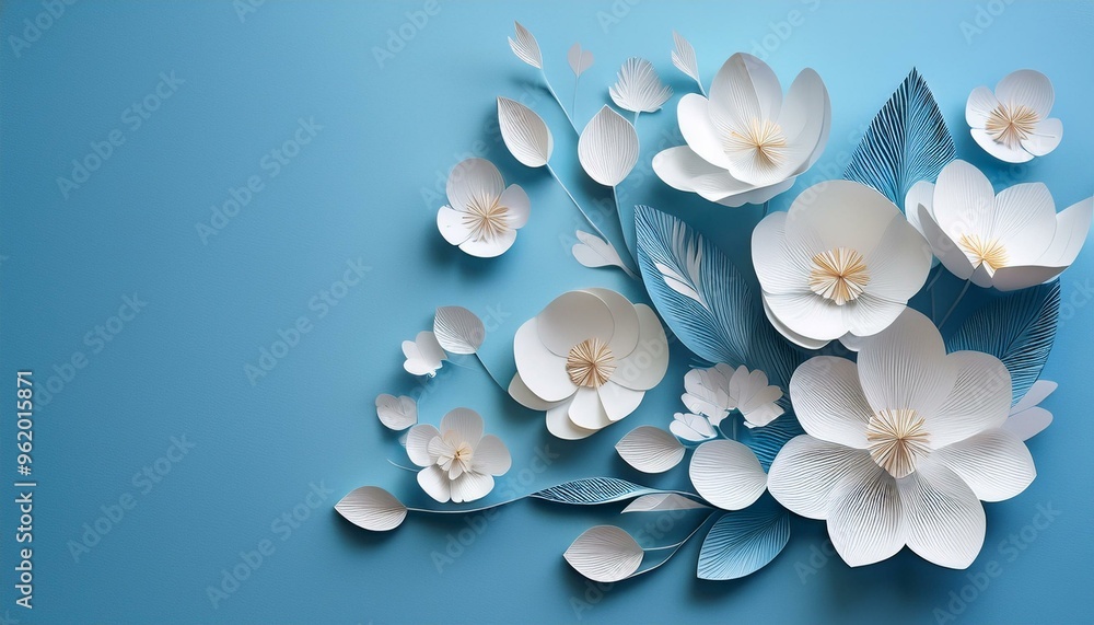 Elegant Paper Cut White Flowers on Light Blue Background, Origami Floral Decor, Tender Blooming Template, Art and Craft Design, Creative Paper Art, Decorative Flower Arrangement Mockup Elegant Paper Cut White Flowers on Light Blue Background, Origami Floral Decor, Tender Blooming Template, Art and Craft Design, Creative Paper Art, Decorative Flower Arrangement Mockup