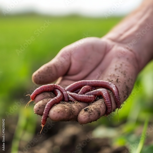 Hand holding earthworms in the garden.