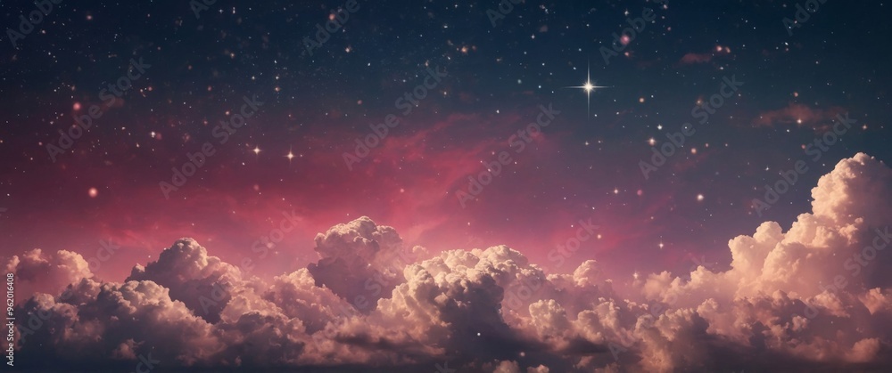 Fototapeta premium Magical pink clouds with stars background.