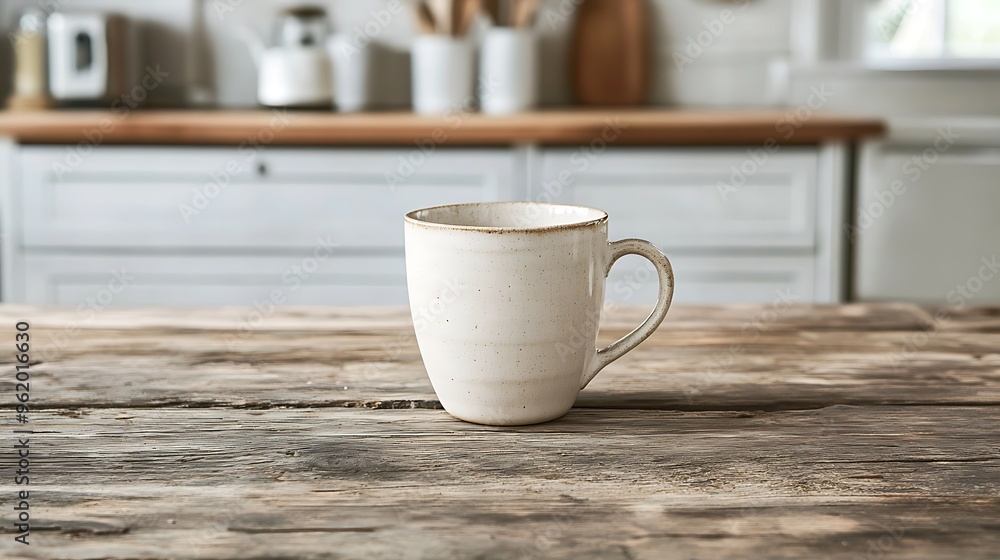 Cozy Country Kitchen Vibes: Mug on Rustic Table in Charming Setting Cozy Country Kitchen Vibes: Mug on Rustic Table in Charming Setting