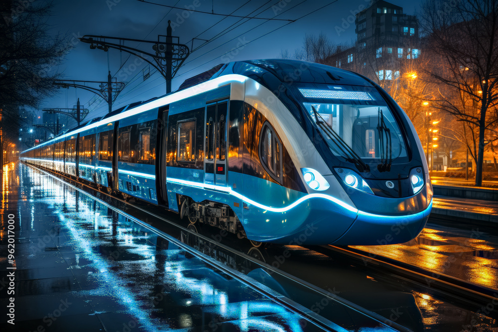 Naklejka premium Bahnreisen der Zukunft, Moderner futuristischer Zug fährt durch die eine Stadt, Generative AI