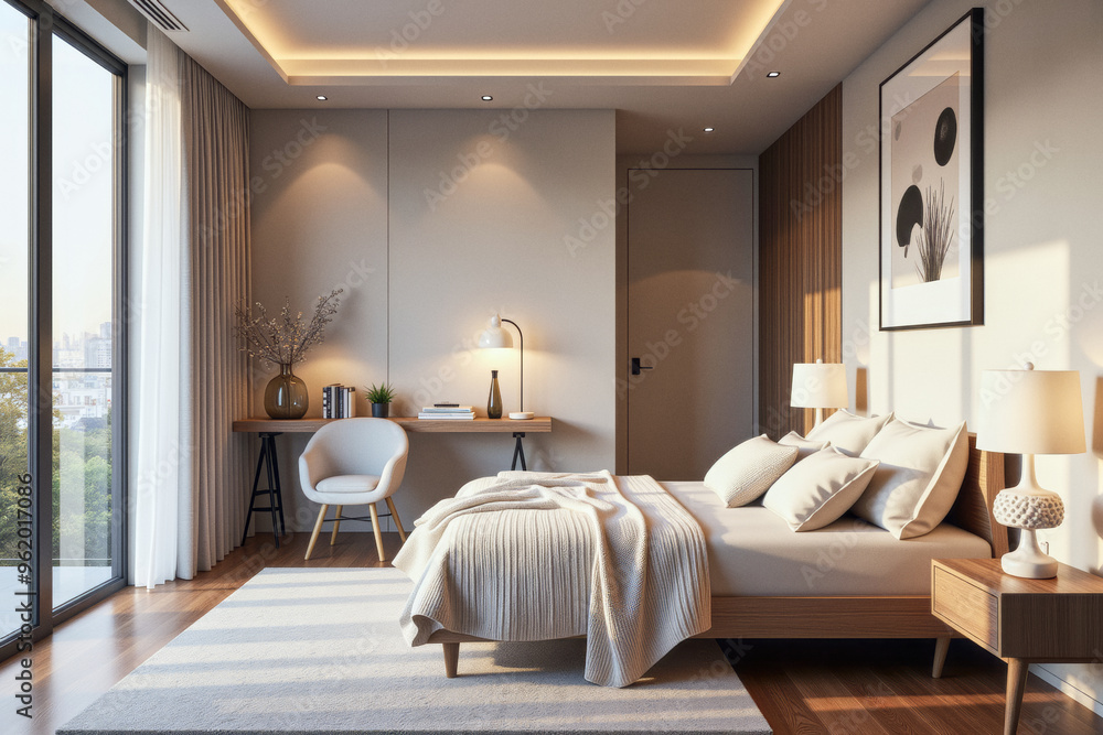 Fototapeta premium photo of a modern apartment bedroom with designer interior and furniture, luxury interior architecture design idea
