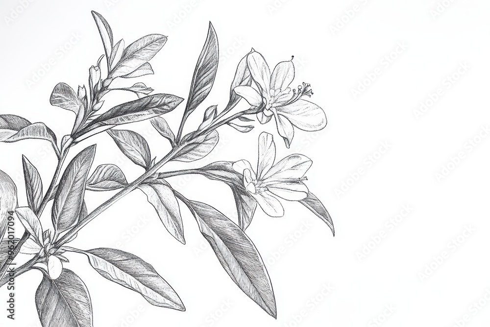 Detailed Pen and Ink Drawing of a Flowering Branch Detailed Pen and Ink Drawing of a Flowering Branch