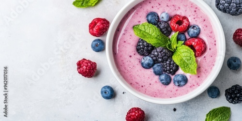 A delicious bowl of berry smoothie topped with fresh raspberries, blueberries, and a sprig of mint on a light background.