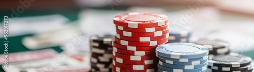 Close-up of roulette chips with high-value notes, jackpot winnings, and riches
