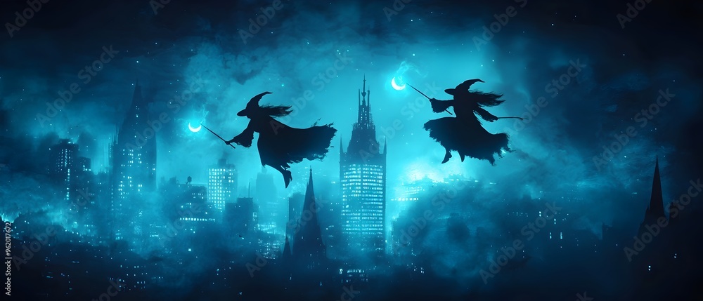Glowing Witches Soaring Over Neon Cityscape in Enchanting Nocturnal Landscape Surreal and Magical Digital of Witches Flying Above a Futuristic Urban Environment with Illuminated Skyscrapers and Glowing Witches Soaring Over Neon Cityscape in Enchanting Nocturnal Landscape Surreal and Magical Digital of Witches Flying Above a Futuristic Urban Environment with Illuminated Skyscrapers and