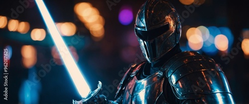 Neon knight in armor with a glowing plasma sword. photo