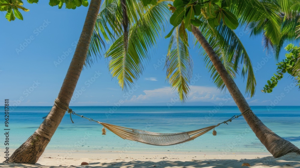 Fototapeta premium Tranquil Beach Hammock Between Palm Trees