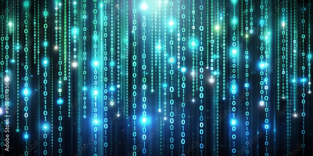 Digital Rain of Binary Code, Blue and Green Lights, Abstract Background, Digital, Technology, Coding Digital Rain of Binary Code, Blue and Green Lights, Abstract Background, Digital, Technology, Coding