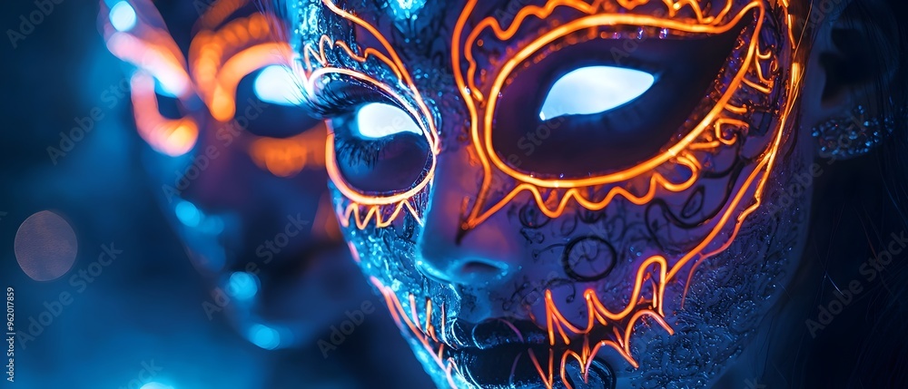 Captivating and Otherworldly Glow in the Dark Halloween Mask with Striking Neon Accents Evoking a Mysterious and Eerie Atmosphere Surreal and Conceptual Digital Artwork Captivating and Otherworldly Glow in the Dark Halloween Mask with Striking Neon Accents Evoking a Mysterious and Eerie Atmosphere Surreal and Conceptual Digital Artwork