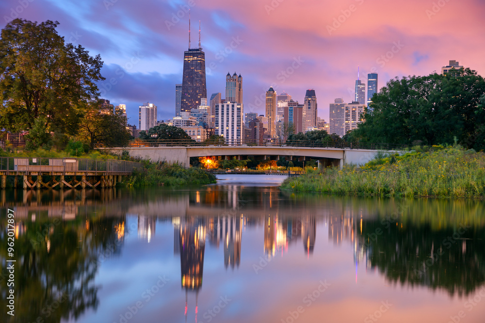 Chicago, Illinois, USA. Cityscape image of Chicago skyline at beautiful summer sunrise.