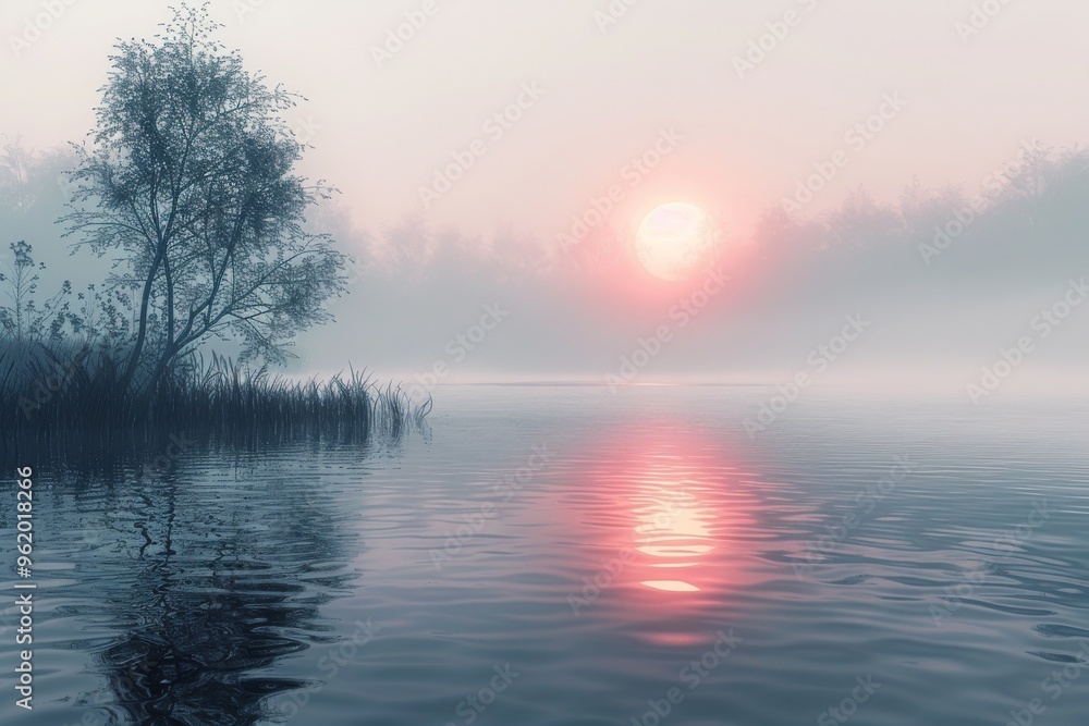 tranquil lake at dawn, with gentle ripples on the water surface tranquil lake at dawn, with gentle ripples on the water surface