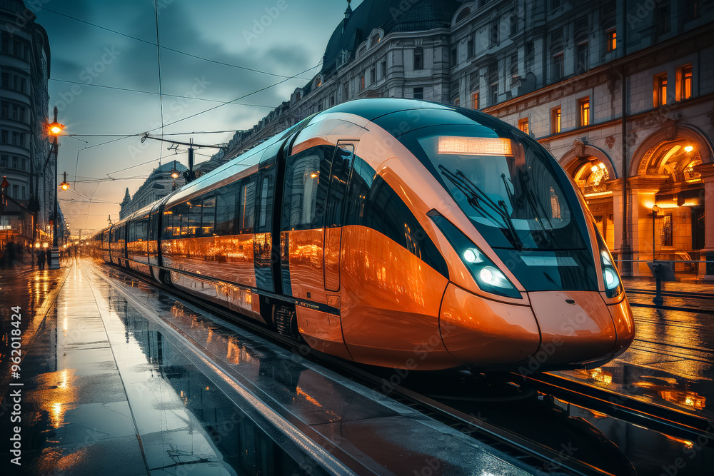 Fototapeta premium Bahnreisen der Zukunft, Moderner futuristischer Zug fährt durch die eine Stadt, Generative AI