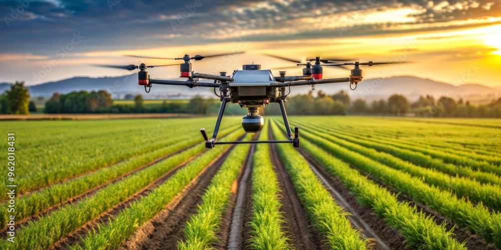 Drone Surveying Crops at Sunset, agriculture, farming, aerial imagery Drone Surveying Crops at Sunset, agriculture, farming, aerial imagery