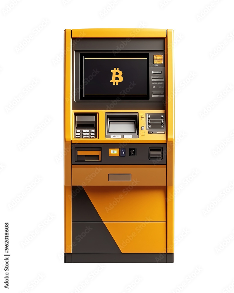 Bitcoin ATM in yellow, designed for easy cryptocurrency transactions and modern financial interactions, isolated on transparent background. Bitcoin ATM in yellow, designed for easy cryptocurrency transactions and modern financial interactions, isolated on transparent background.