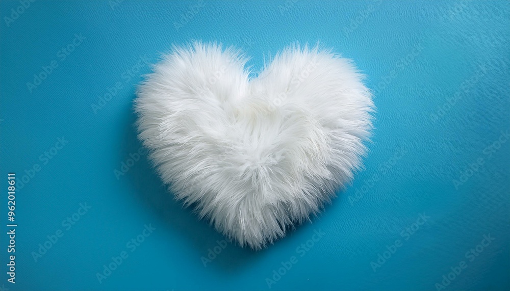 Fluffy White Fur Heart Shape on Baby Blue Minimal Background, Soft Texture for Romantic, Love, and Valentines Concepts Fluffy White Fur Heart Shape on Baby Blue Minimal Background, Soft Texture for Romantic, Love, and Valentines Concepts