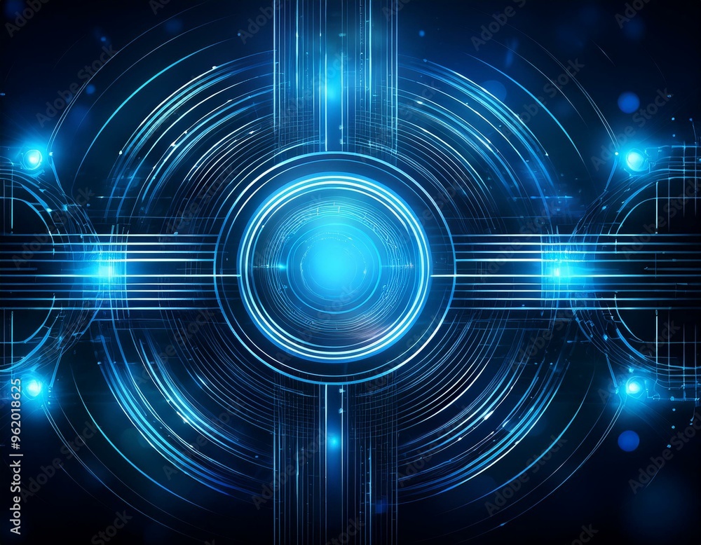Fototapeta premium Futuristic Abstract Blue Geometric Lines and Shiny Circles on Dark Background - Modern Technological Design for Innovation and Digital Concepts