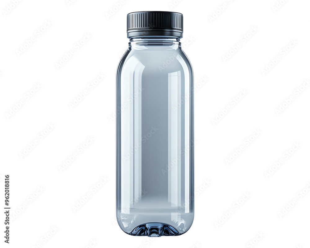 Naklejka premium Clear plastic bottle with a black cap, isolated on transparent background.