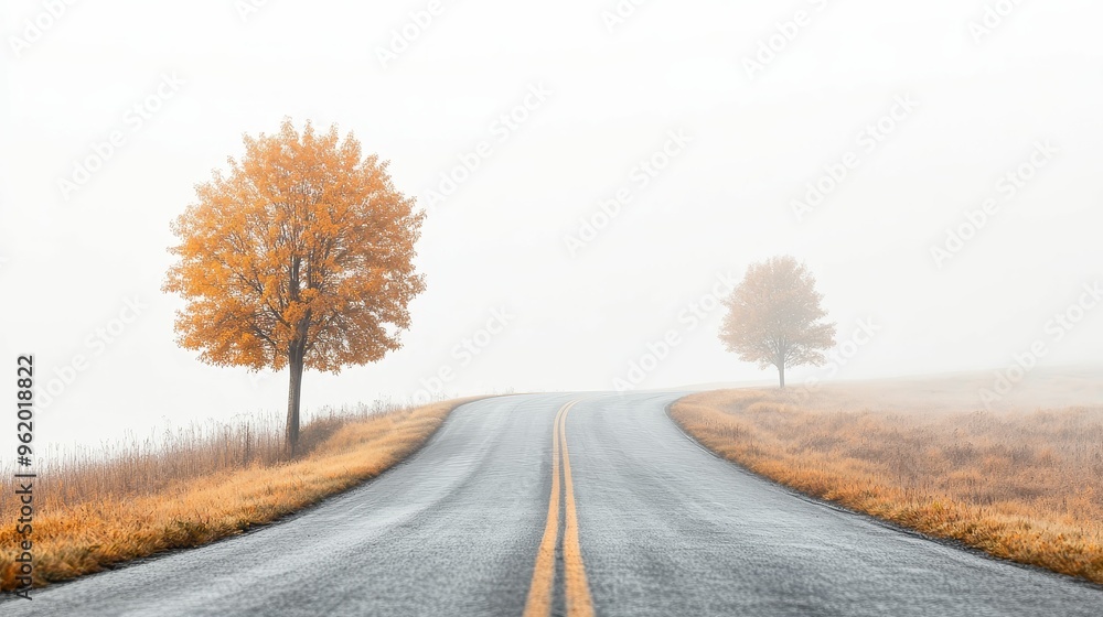 A winding road lined with trees in full autumn colors, leading into a misty horizon, creating a dreamy fall scene A winding road lined with trees in full autumn colors, leading into a misty horizon, creating a dreamy fall scene