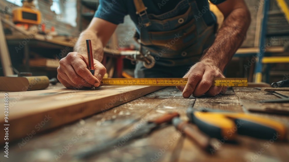 Carpenter Measuring Wood with Tape Measure and Pencil Carpenter Measuring Wood with Tape Measure and Pencil
