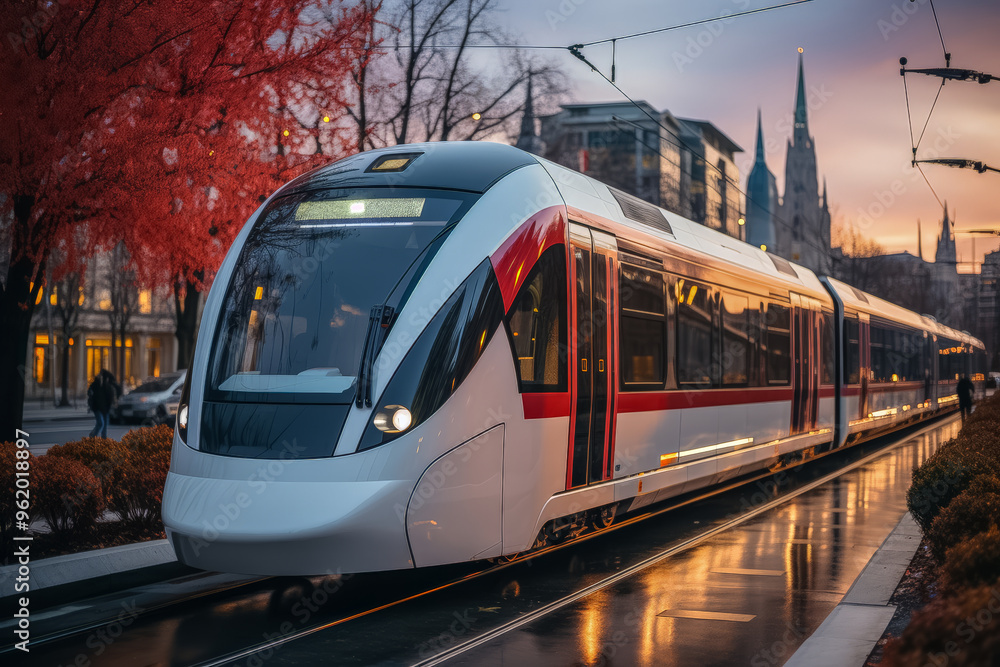 Naklejka premium Bahnreisen der Zukunft, Moderner futuristischer Zug fährt durch die eine Stadt, Generative AI