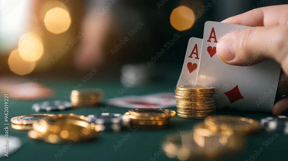 Blackjack table with cards showing 21, surrounded by golden coins and lucky charms, symbolizing perfect luck Blackjack table with cards showing 21, surrounded by golden coins and lucky charms, symbolizing perfect luck