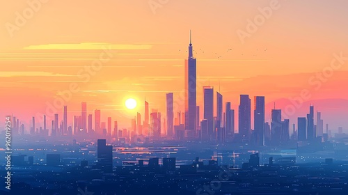 A cityscape silhouette at sunset, framed by the sun and birds, creates a serene and picturesque skyline.