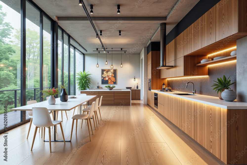 Fototapeta premium photo of a modern apartment kitchen with designer interior and furniture, luxury interior architecture design idea