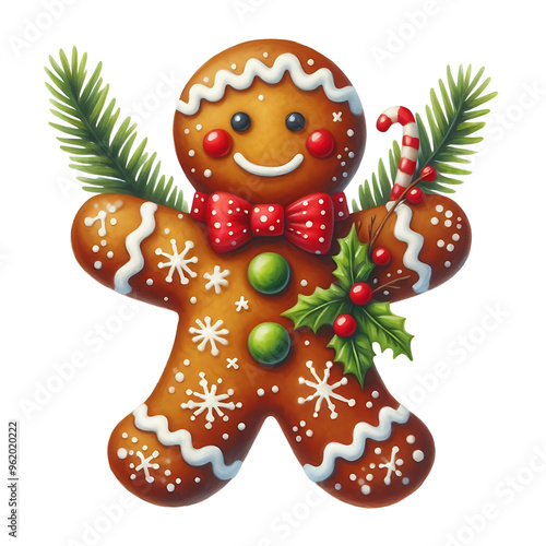 Gingerbread man with red bow tie, holly leaves, and candy cane, decorated with icing and Christmas elements on the white background. Holiday watercolor cut out design concept.