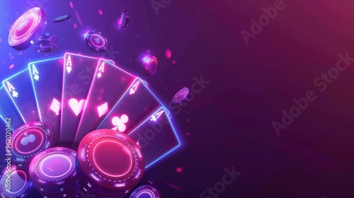 Playing cards and casino chips on purple background for casino Advertising AI generated image