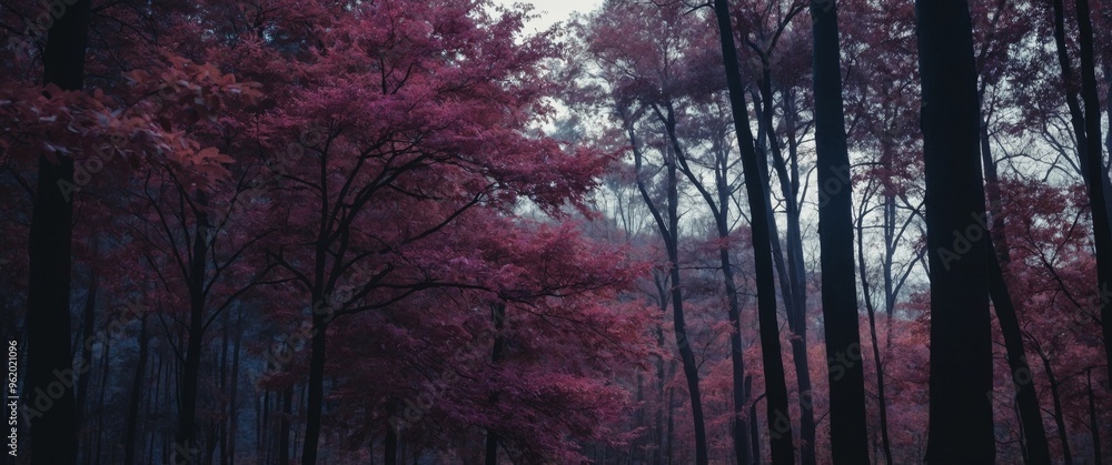 Fototapeta premium A forest with purple leaves and dark blue sky.