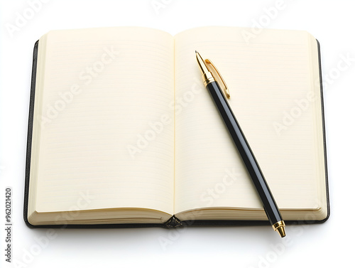 Open Notebook, Ready for Inspiration: A pristine notebook lays open, its blank pages awaiting ideas, with an elegant pen poised to capture them. 
