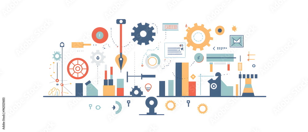 A flat illustration of an industrial agency's logo design process, with design tools, drafts, and industrial elements like cogs and gears. Simplified, with a focus on creativity and precision A flat illustration of an industrial agency's logo design process, with design tools, drafts, and industrial elements like cogs and gears. Simplified, with a focus on creativity and precision