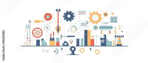 A flat illustration of an industrial agency's logo design process, with design tools, drafts, and industrial elements like cogs and gears. Simplified, with a focus on creativity and precision