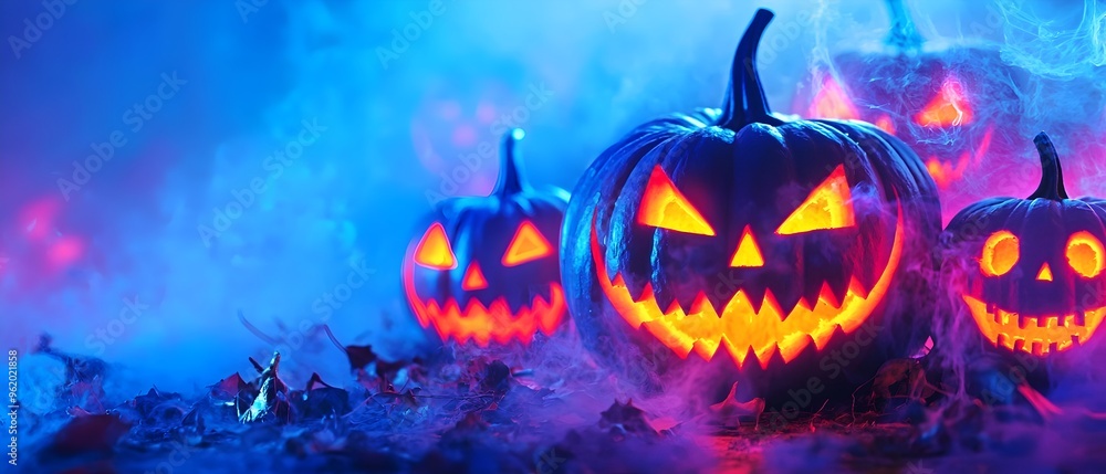 Fototapeta premium Enchanting Neon Lit Pumpkins Conjure Halloween Spirits in Mysterious Atmosphere Carved jack o lanterns with glowing neon designs radiate an eerie supernatural presence in a dark moody setting