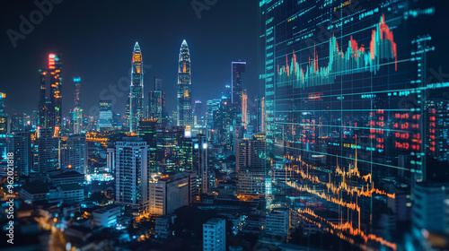 A night view of Bangkok with a glowing hologram showing stock market activity. The hologram displays charts and numbers, representing investment, trading, and potential profits.