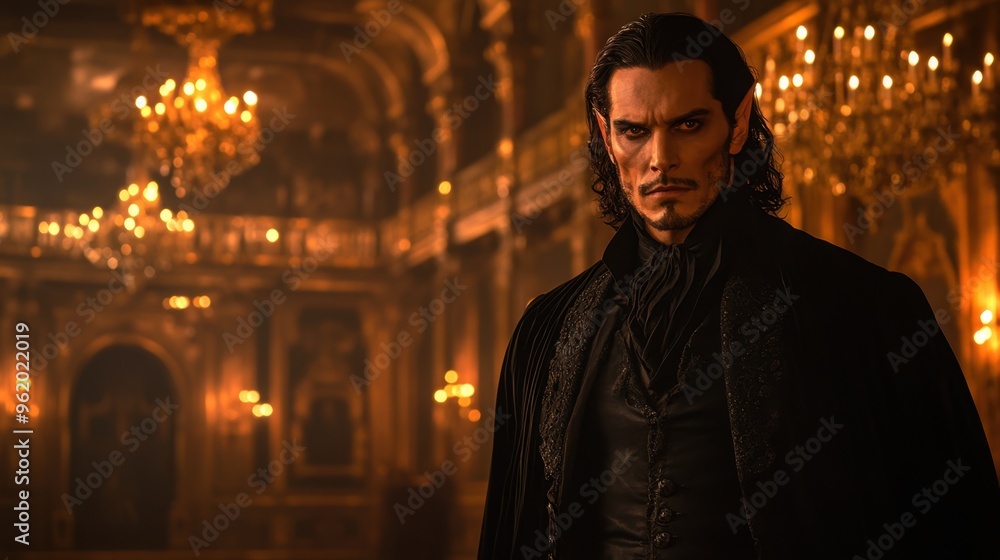 Vampire lord in an ancient ballroom, chandeliers, dark elegance, power, and intimidation in his posture Vampire lord in an ancient ballroom, chandeliers, dark elegance, power, and intimidation in his posture